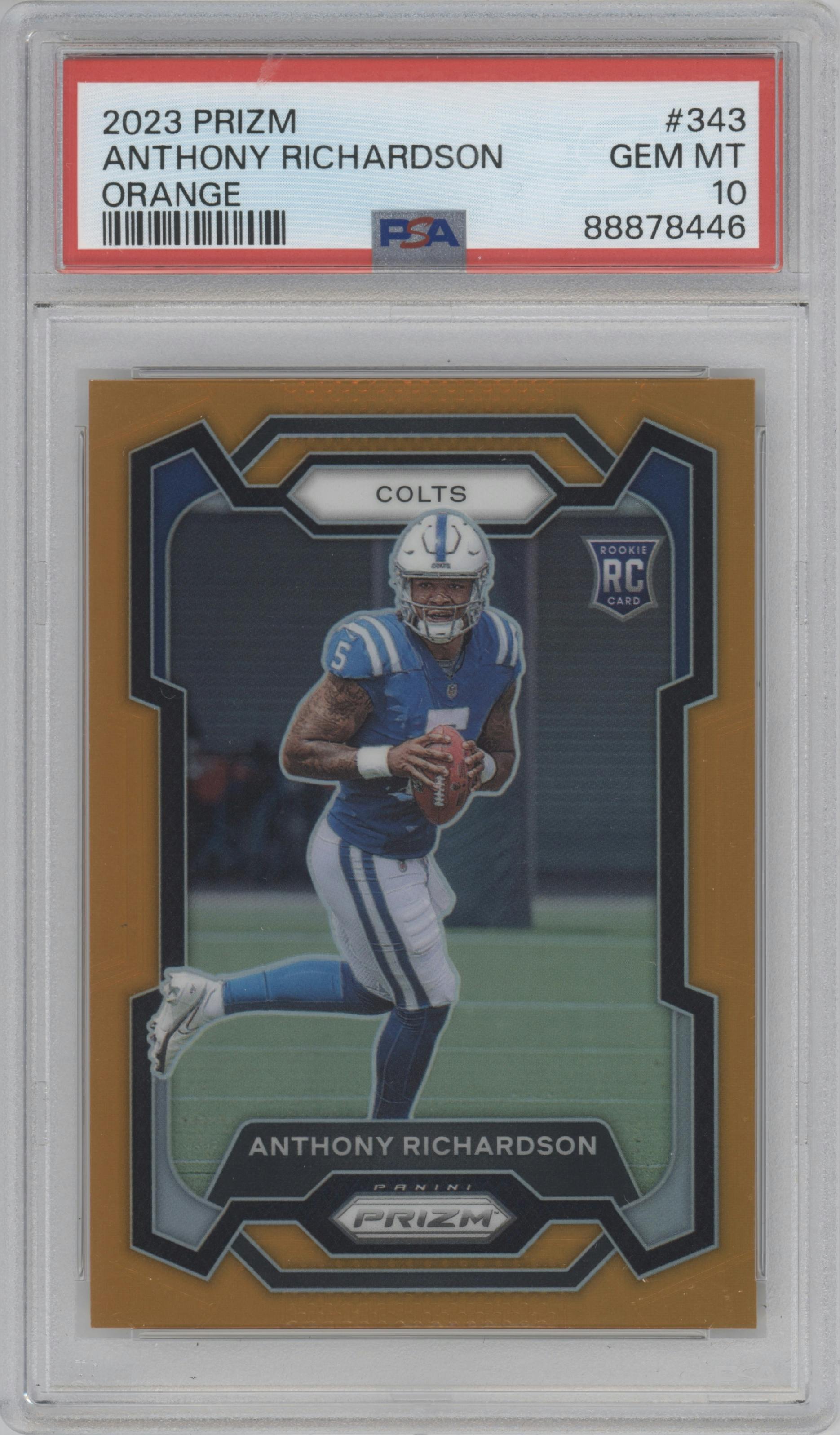 Anthony Richardson from the 2023 Panini Prizm set featuring a Orange Prizm parallel graded by PSA and given an overall grade of 10.