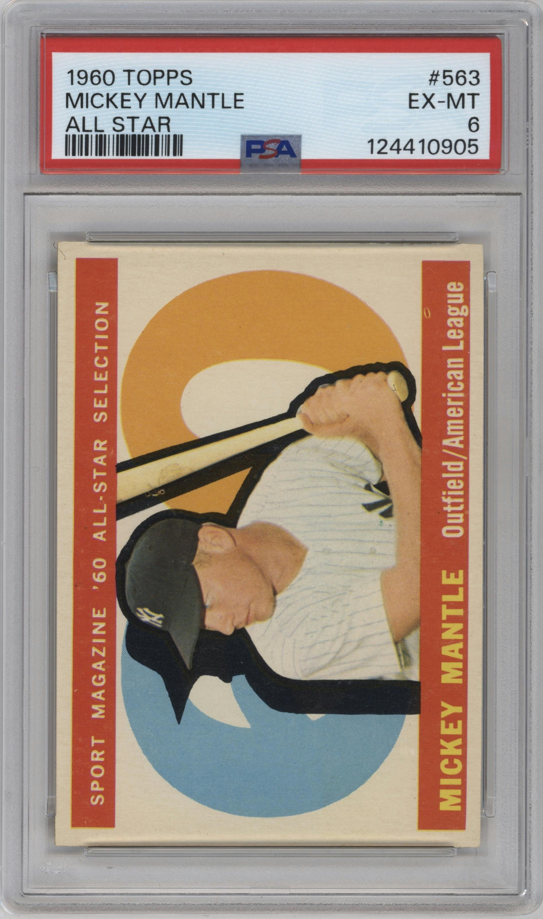 Mickey Mantle from the 1960 Topps set graded by PSA and given an overall grade of 6.