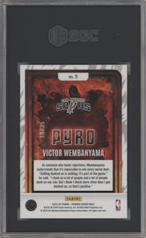 Victor Wembanyama from the 2023-24 Panini Phoenix set featuring a International Blue parallel graded by SGC and given an overall grade of 8.5.