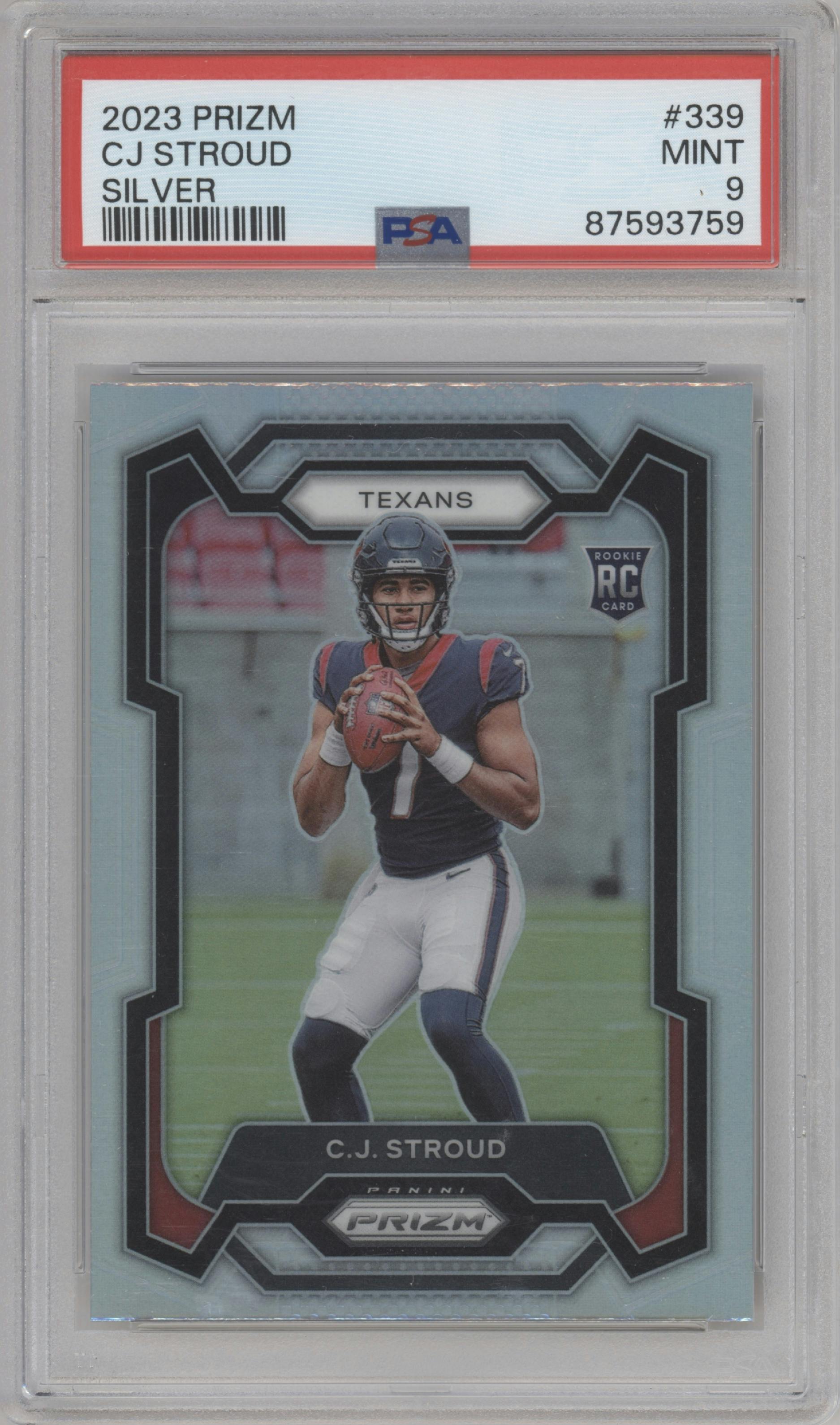 C.J. Stroud from the 2023 Panini Prizm set featuring a Silver Prizm parallel graded by PSA and given an overall grade of 9.