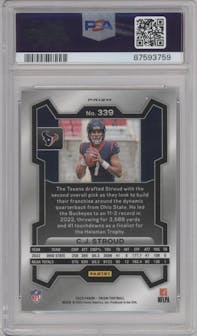 C.J. Stroud from the 2023 Panini Prizm set featuring a Silver Prizm parallel graded by PSA and given an overall grade of 9.