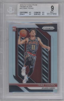Trae Young from the 2018-19 Panini Prizm set featuring a Silver Prizm parallel graded by Beckett and given an overall grade of 9.