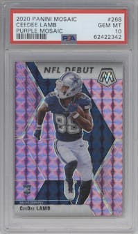 CeeDee Lamb from the 2020 Panini Mosaic set featuring a Purple Mosaic parallel graded by PSA and given an overall grade of 10.