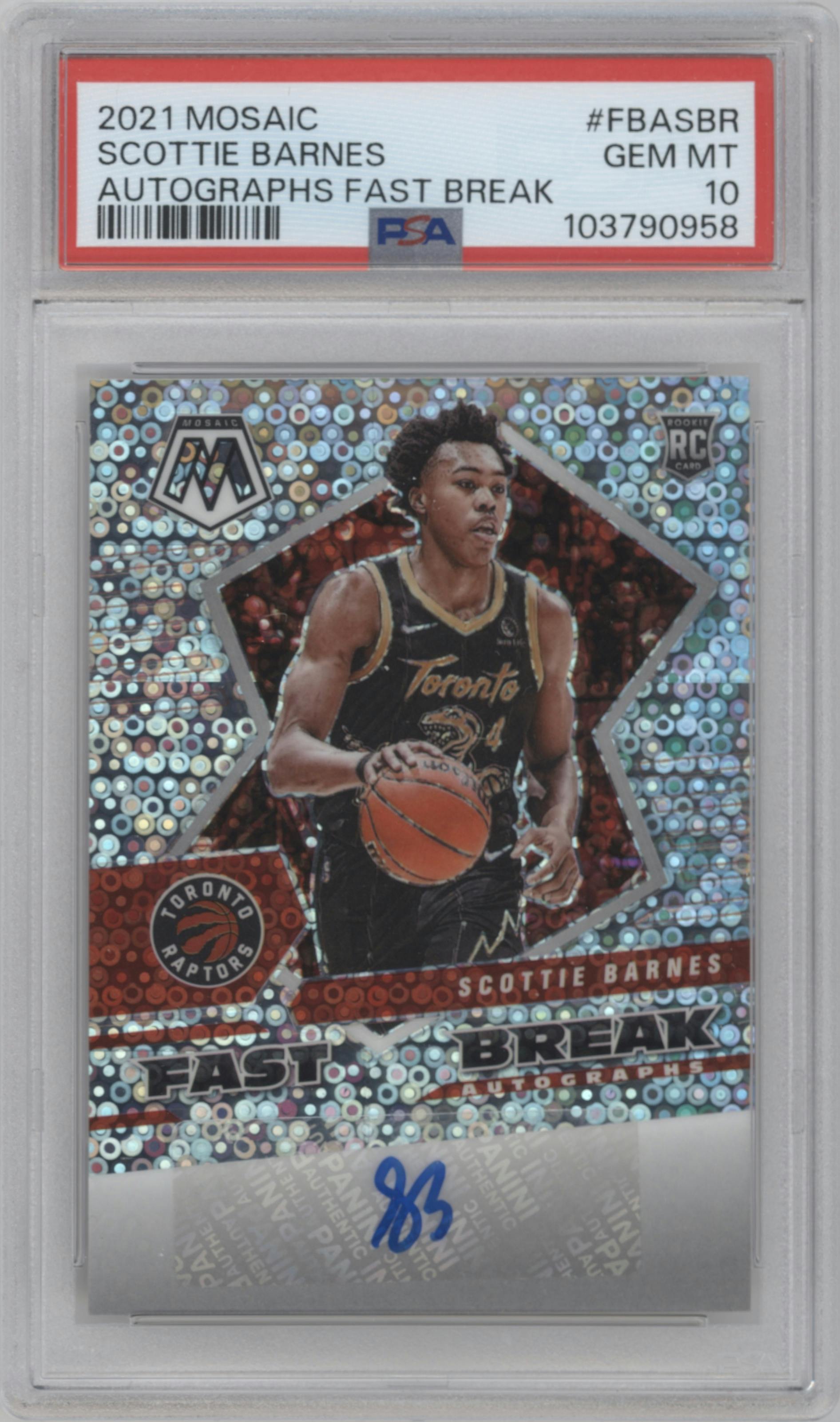 Scottie Barnes from the 2021-22 Panini Mosaic  set graded by PSA and given an overall grade of 10.