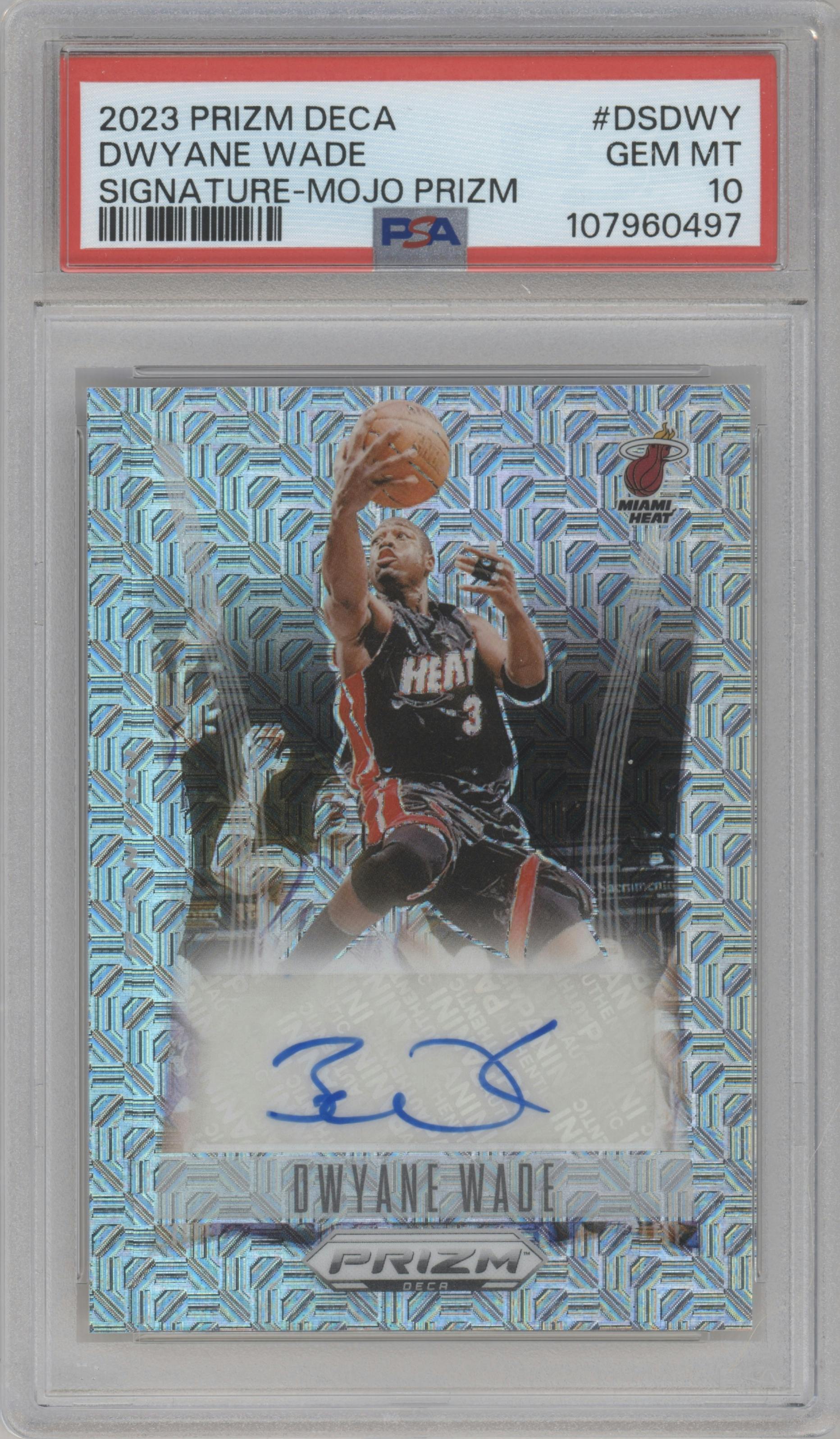 Dwyane Wade from the 2023-24 Panini Prizm Deca set featuring a Mojo parallel graded by PSA and given an overall grade of 10.