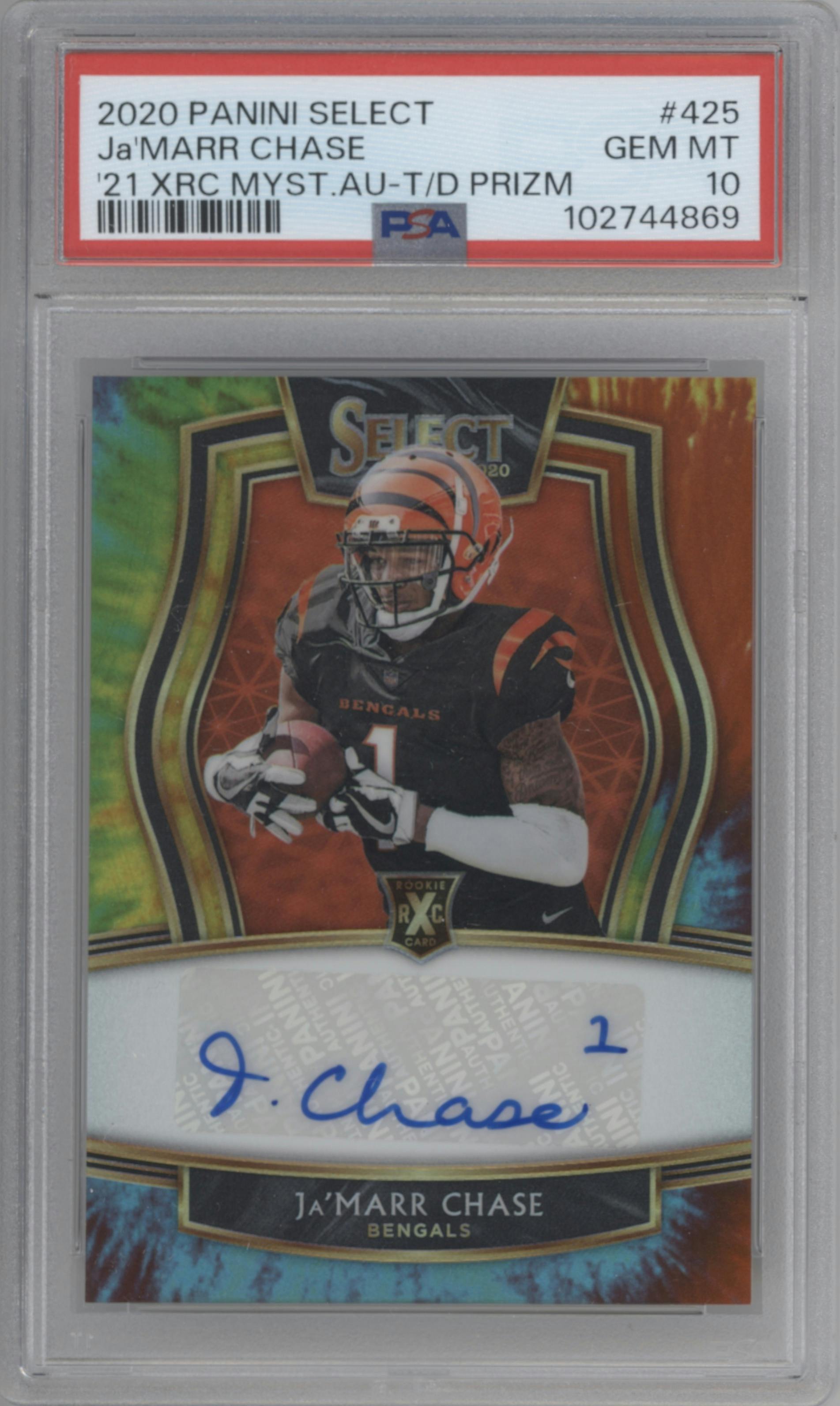 Ja'Marr Chase from the 2020 Panini Select set featuring a Tie-Dye parallel graded by PSA and given an overall grade of 10.