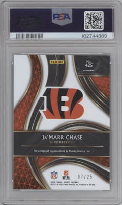 Ja'Marr Chase from the 2020 Panini Select set featuring a Tie-Dye parallel graded by PSA and given an overall grade of 10.