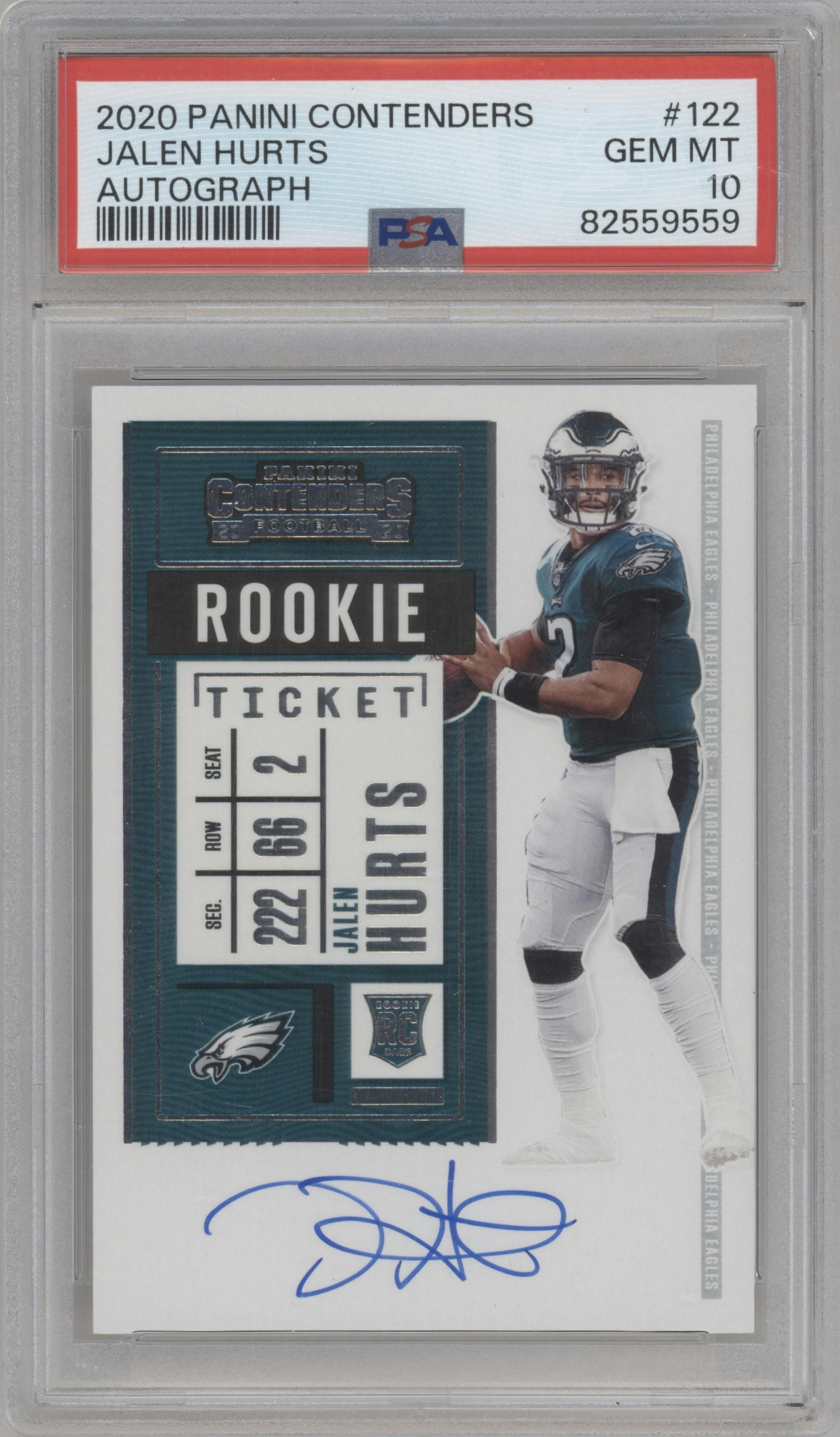 Jalen Hurts from the 2020 Panini Contenders set graded by PSA and given an overall grade of 10.