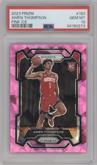 Amen Thompson from the 2023-24 Panini Prizm set featuring a Pink Ice parallel graded by PSA and given an overall grade of 10.
