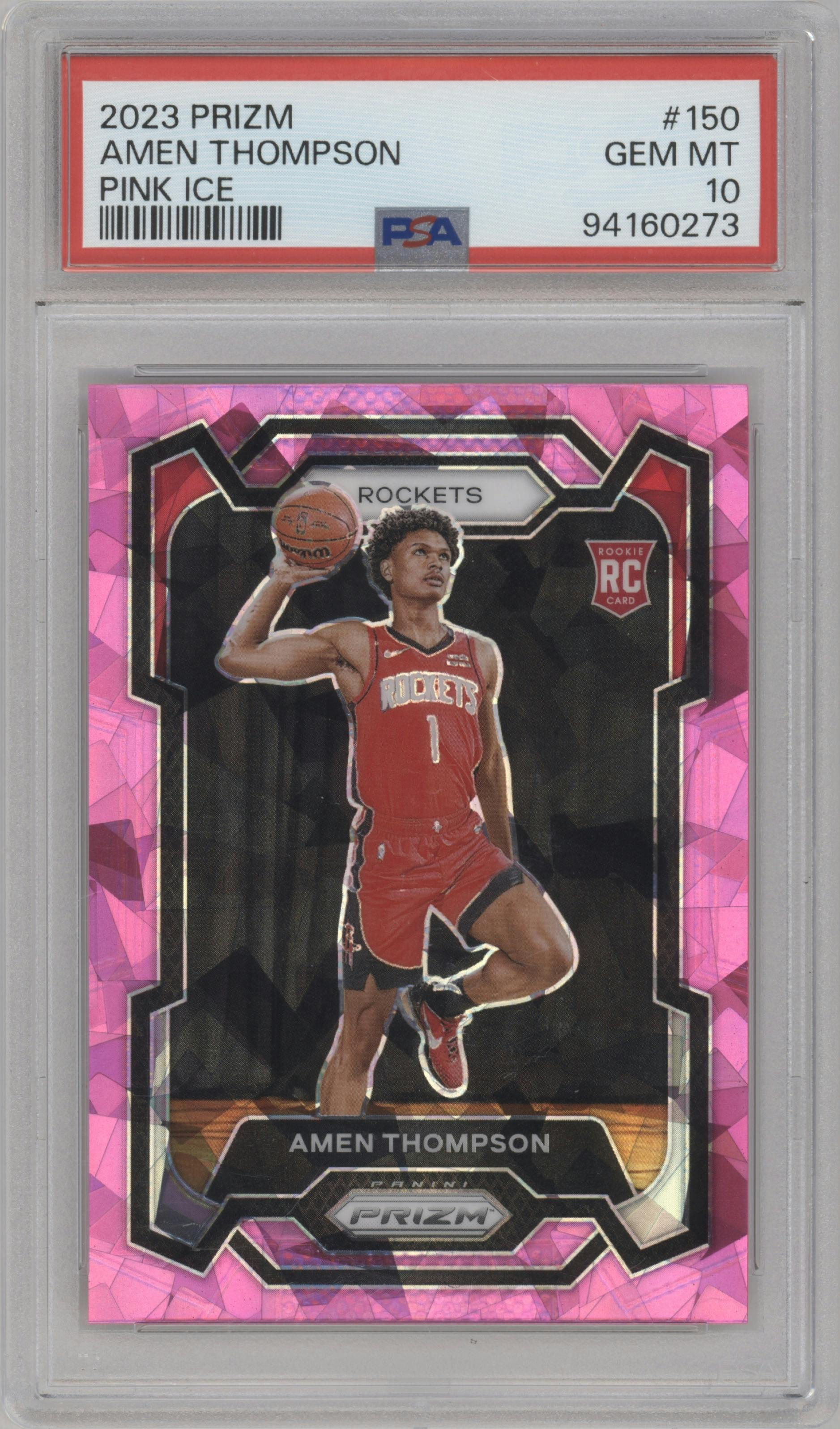 Amen Thompson from the 2023-24 Panini Prizm set featuring a Pink Ice parallel graded by PSA and given an overall grade of 10.