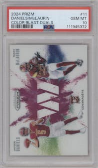 Jayden Daniels/Terry McLaurin from the 2024 Panini Prizm set graded by PSA and given an overall grade of 10.