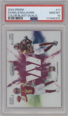 Jayden Daniels/Terry McLaurin from the 2024 Panini Prizm set graded by PSA and given an overall grade of 10.
