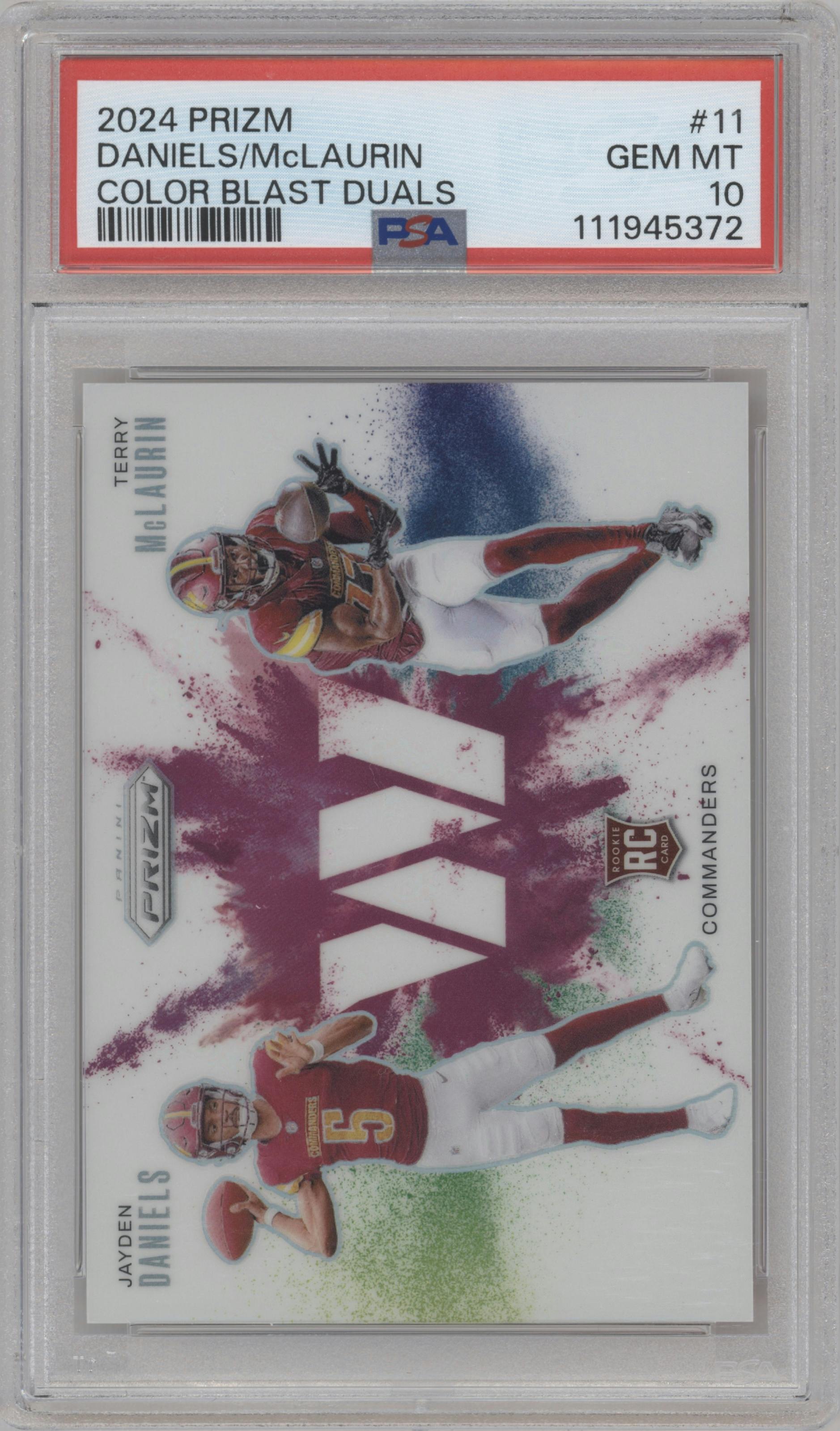 Jayden Daniels/Terry McLaurin from the 2024 Panini Prizm set graded by PSA and given an overall grade of 10.