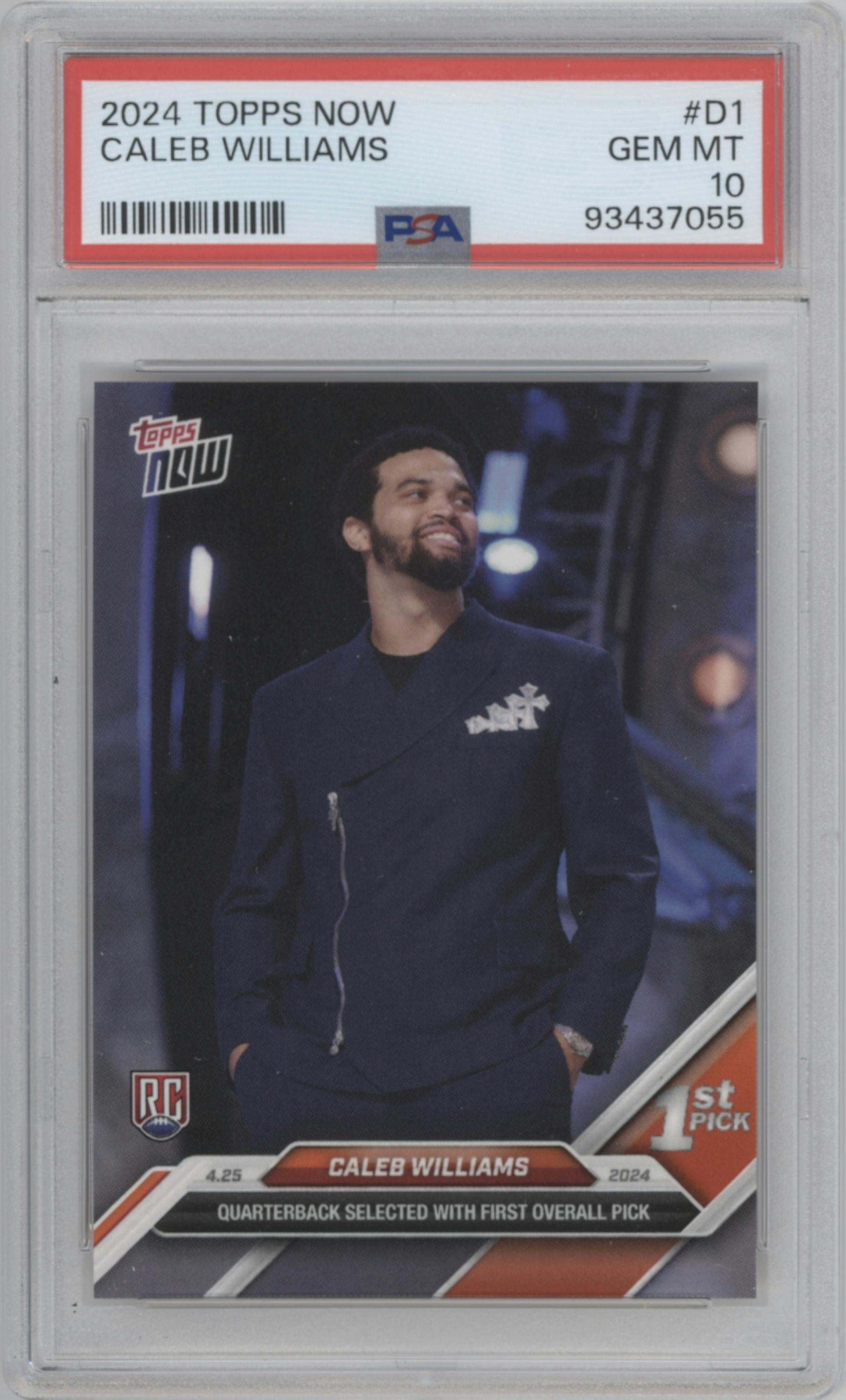 Caleb Williams from the 2024 Topps Now set graded by PSA and given an overall grade of 10.