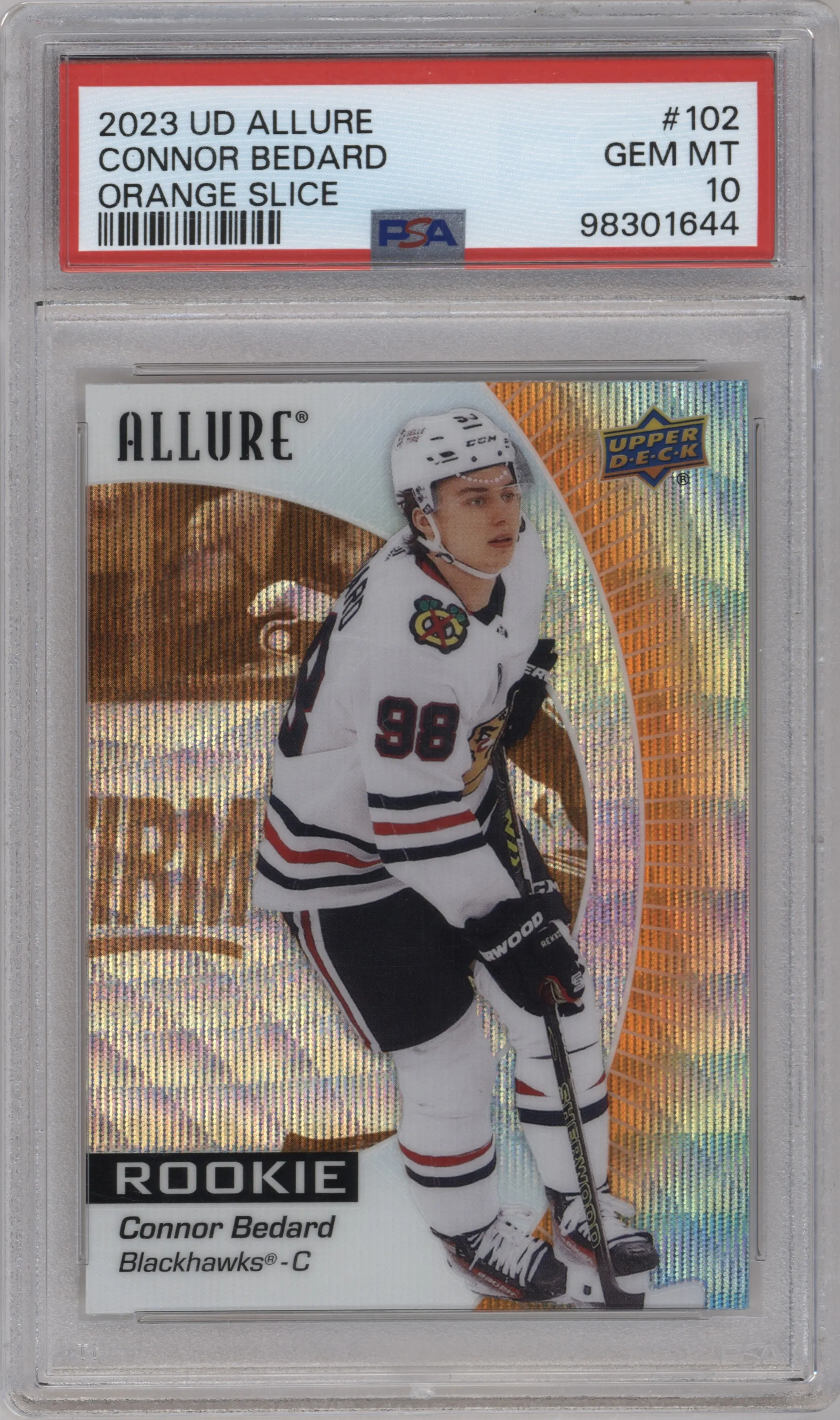 2023 Upper Deck Allure Connor Bedard Orange Slice #102 PSA 10