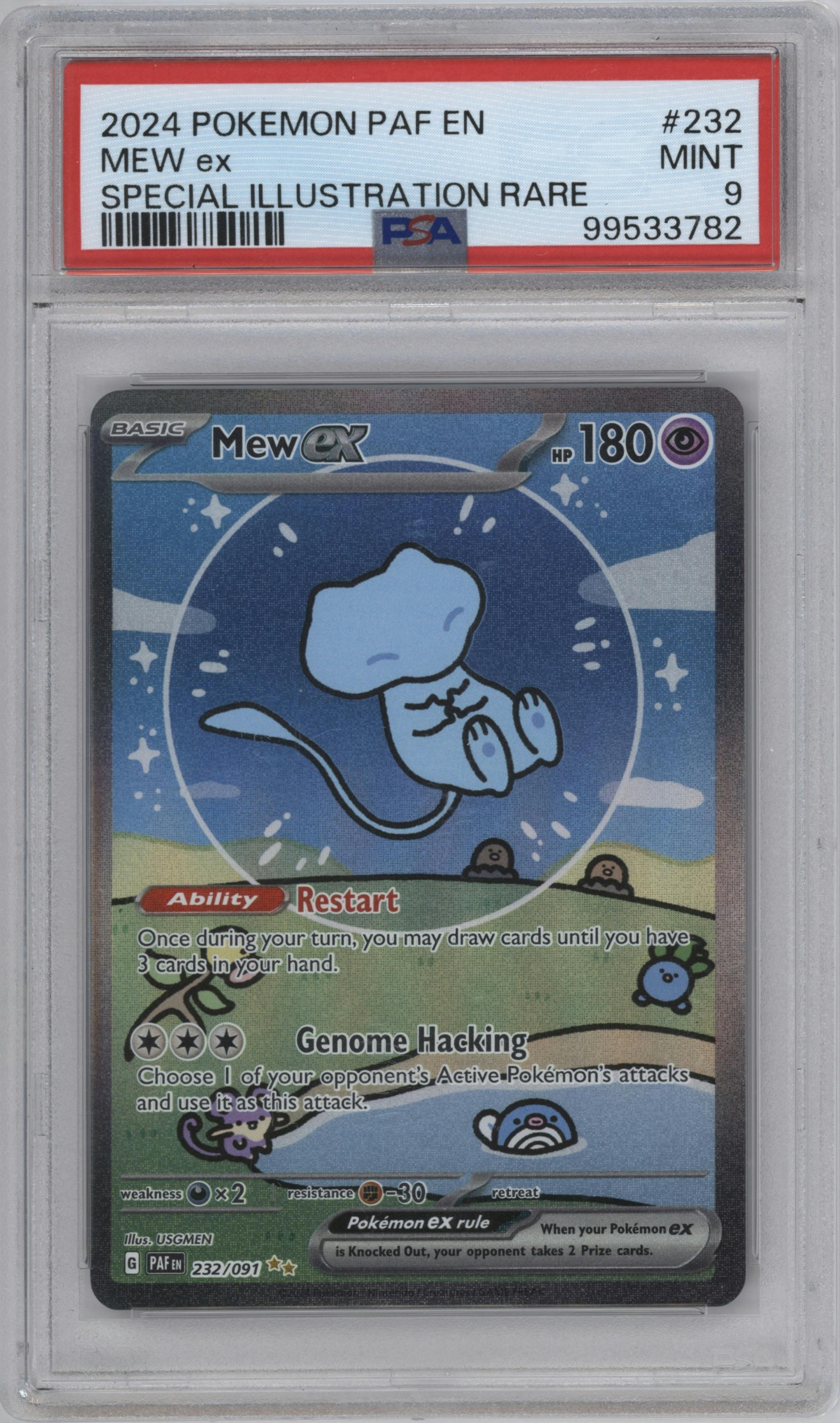 Mew ex from the 2024 Pokemon SV set graded by PSA and given an overall grade of 9.