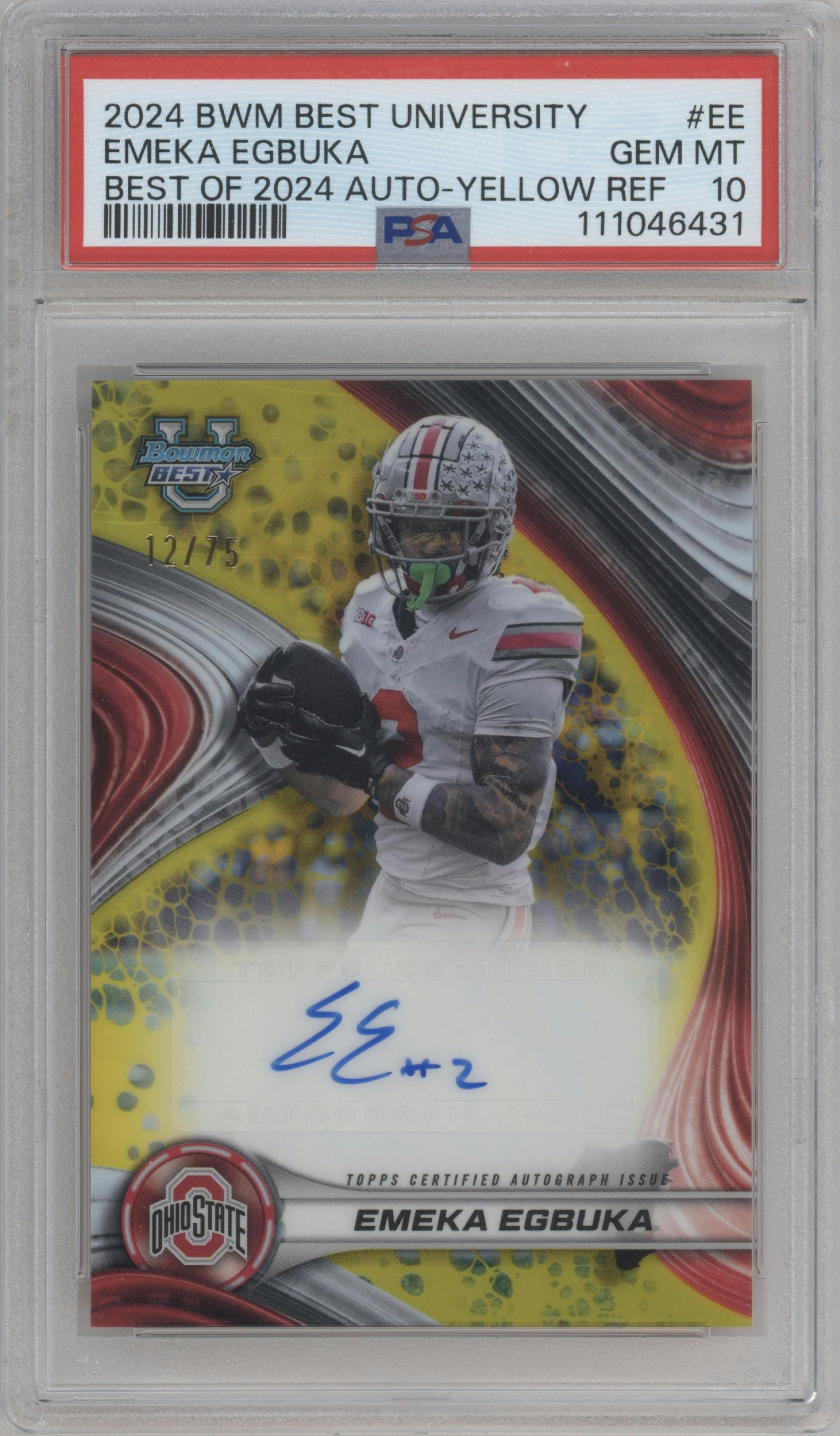Emeka Egbuka from the 2024 Bowman University Best set featuring a Yellow Refractor parallel graded by PSA and given an overall grade of 10.