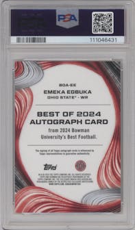 Emeka Egbuka from the 2024 Bowman University Best set featuring a Yellow Refractor parallel graded by PSA and given an overall grade of 10.