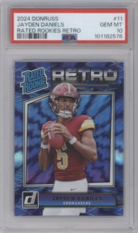 Jayden Daniels from the 2024 Donruss set graded by PSA and given an overall grade of 10.