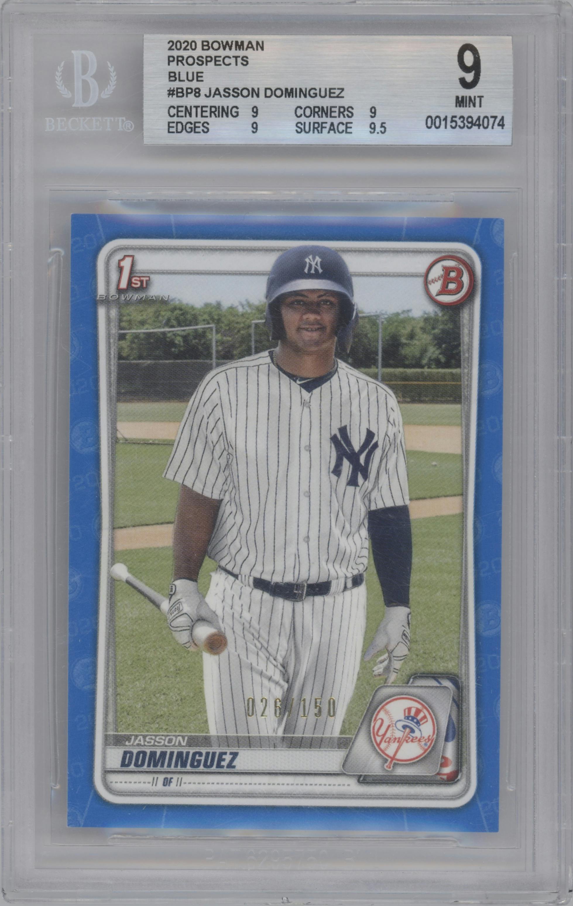 Jasson Dominguez from the 2020 Bowman set featuring a Blue parallel graded by Beckett and given an overall grade of 9.