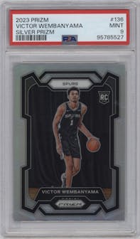 Victor Wembanyama from the 2023-24 Panini Prizm set featuring a Silver Prizm  parallel graded by PSA and given an overall grade of 9.