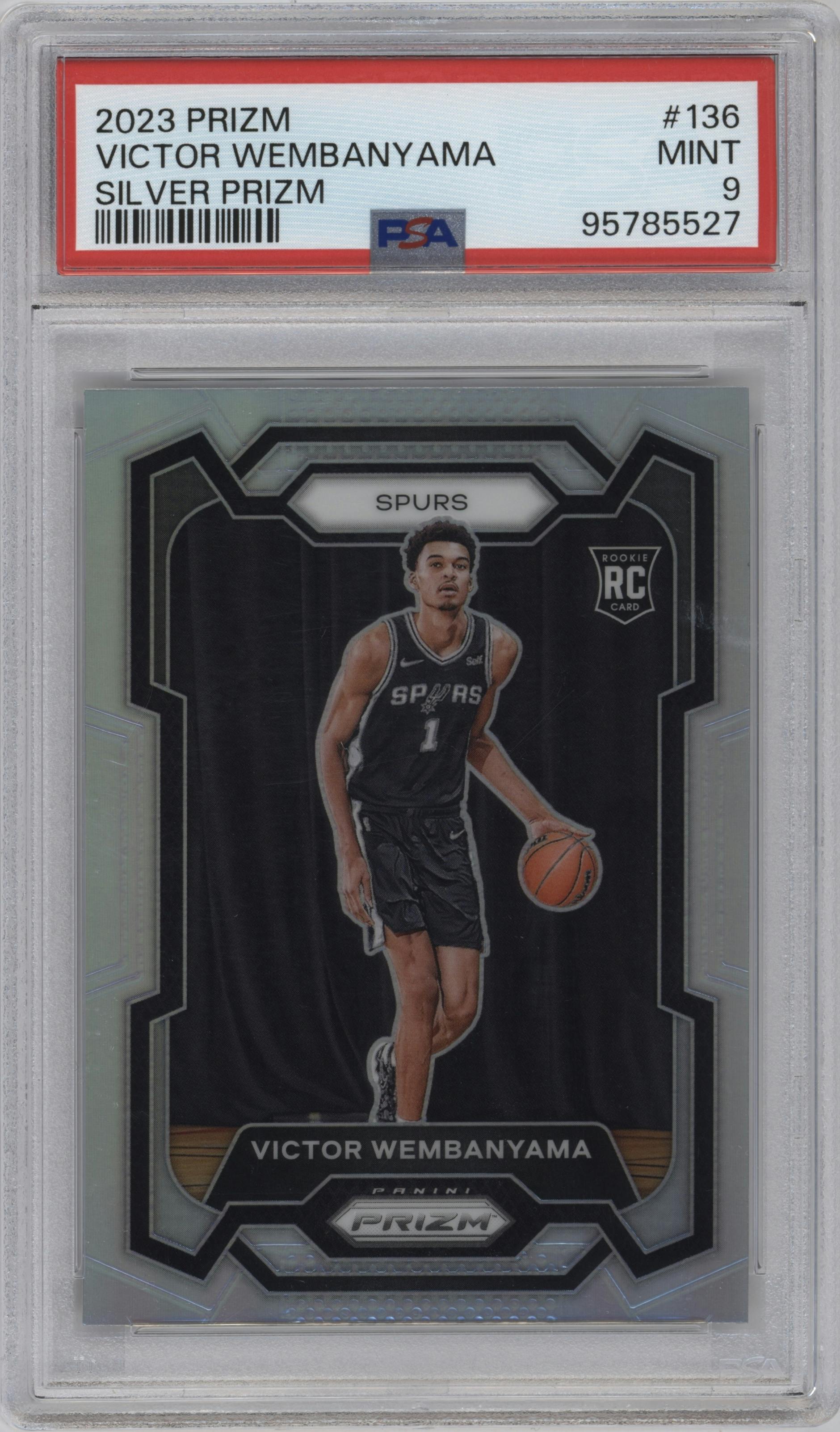 Victor Wembanyama from the 2023-24 Panini Prizm set featuring a Silver Prizm  parallel graded by PSA and given an overall grade of 9.