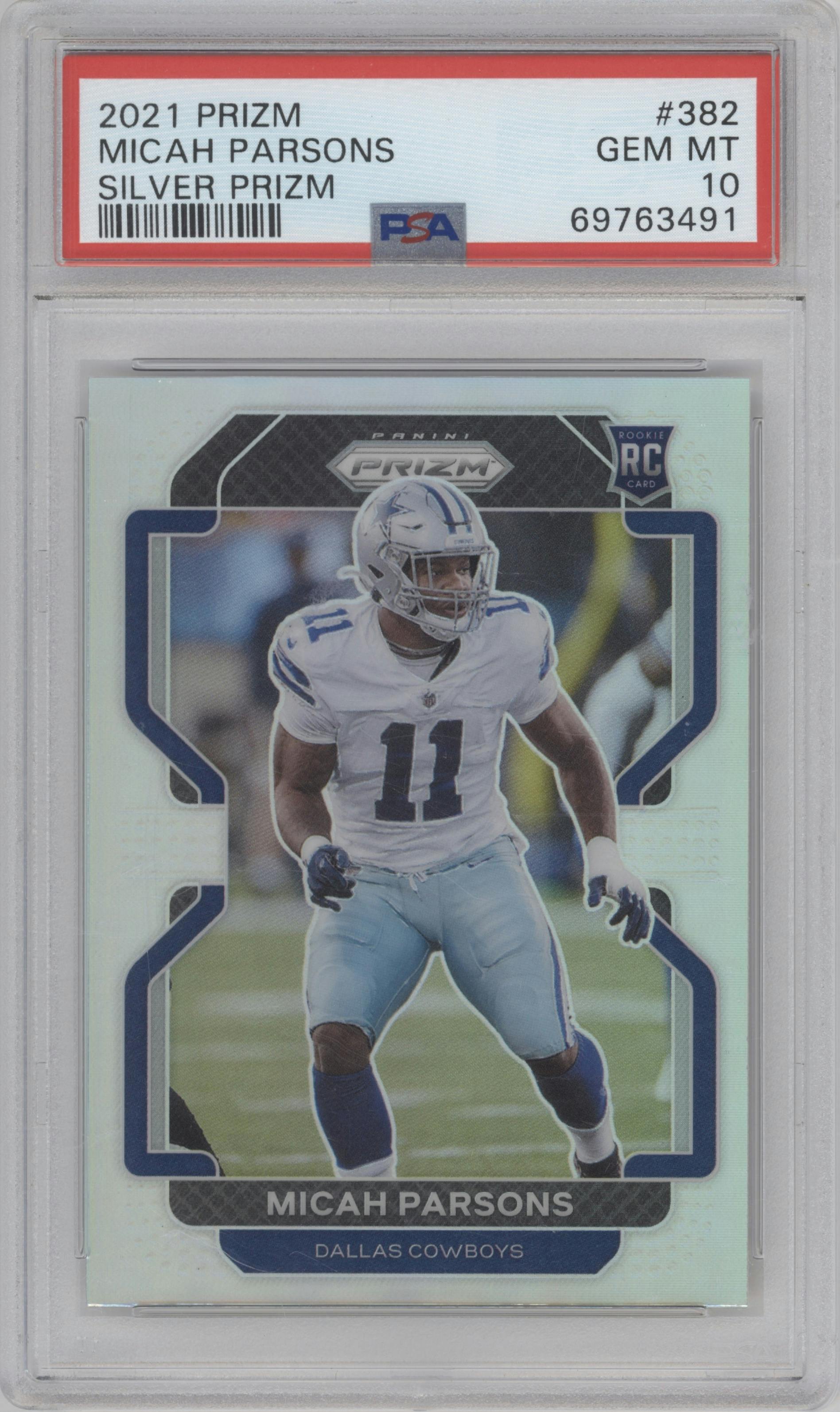 Micah Parsons from the 2021 Panini Prizm set featuring a Silver Prizm parallel graded by PSA and given an overall grade of 10.