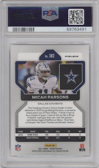 Micah Parsons from the 2021 Panini Prizm set featuring a Silver Prizm parallel graded by PSA and given an overall grade of 10.
