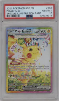 Pikachu ex from the 2024 Pokemon SV set graded by PSA and given an overall grade of 10.