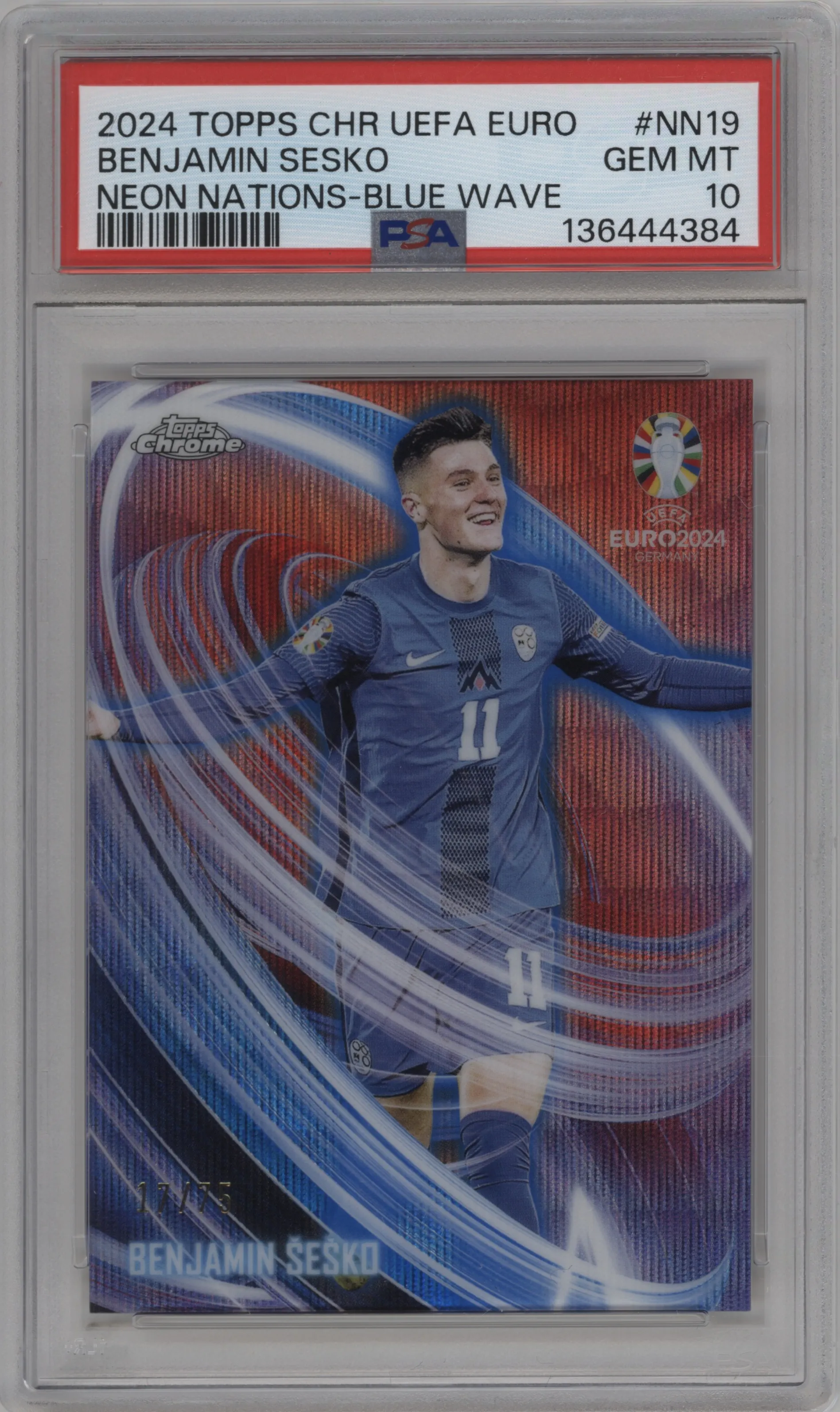 2024 Topps Chrome UEFA EURO Neon Nations Benjamin Sesko Blue Wave Refractor #NN-19 PSA 10