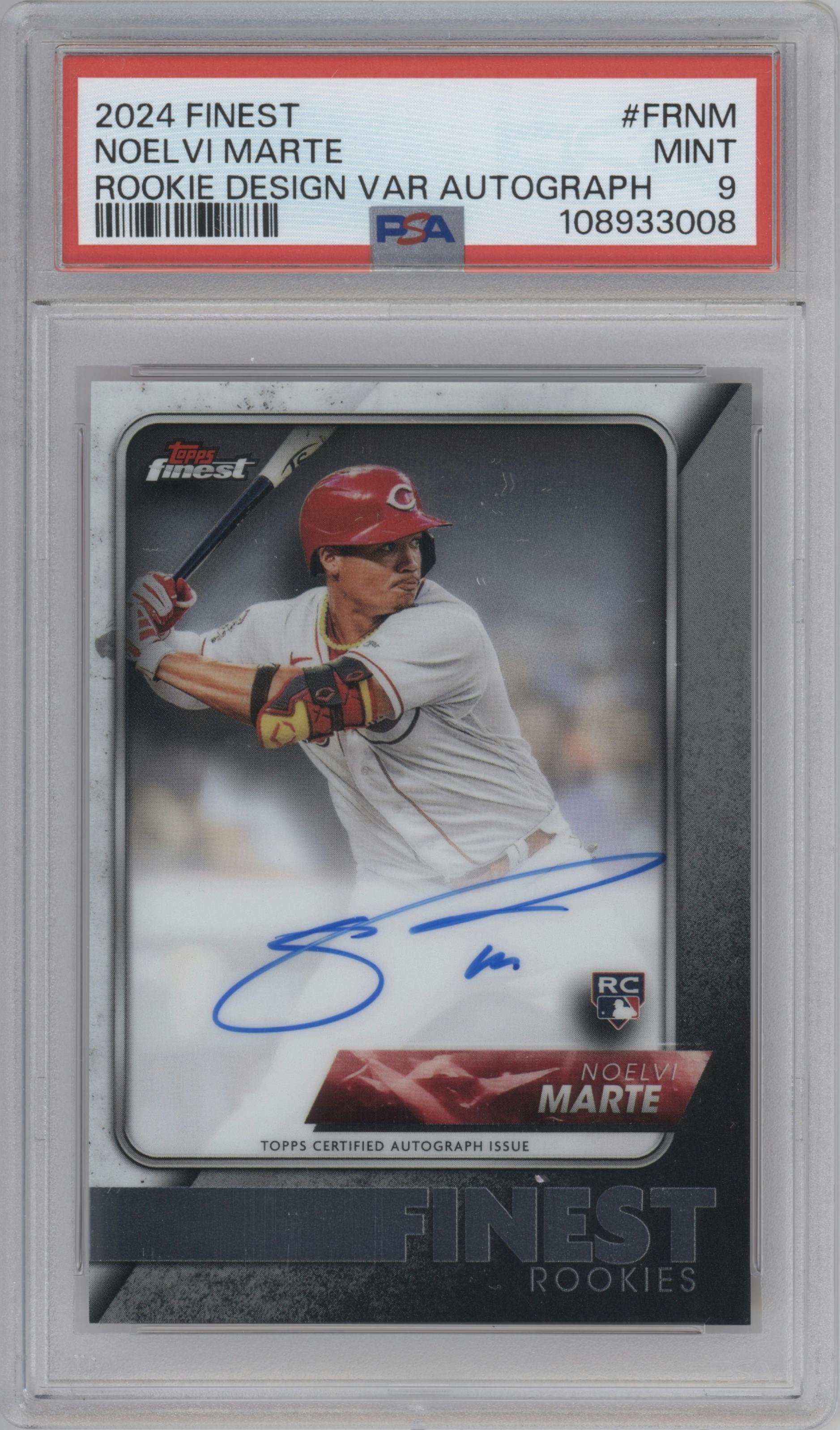 Noelvi Marte  from the 2024 Topps Finest set graded by PSA and given an overall grade of 9.