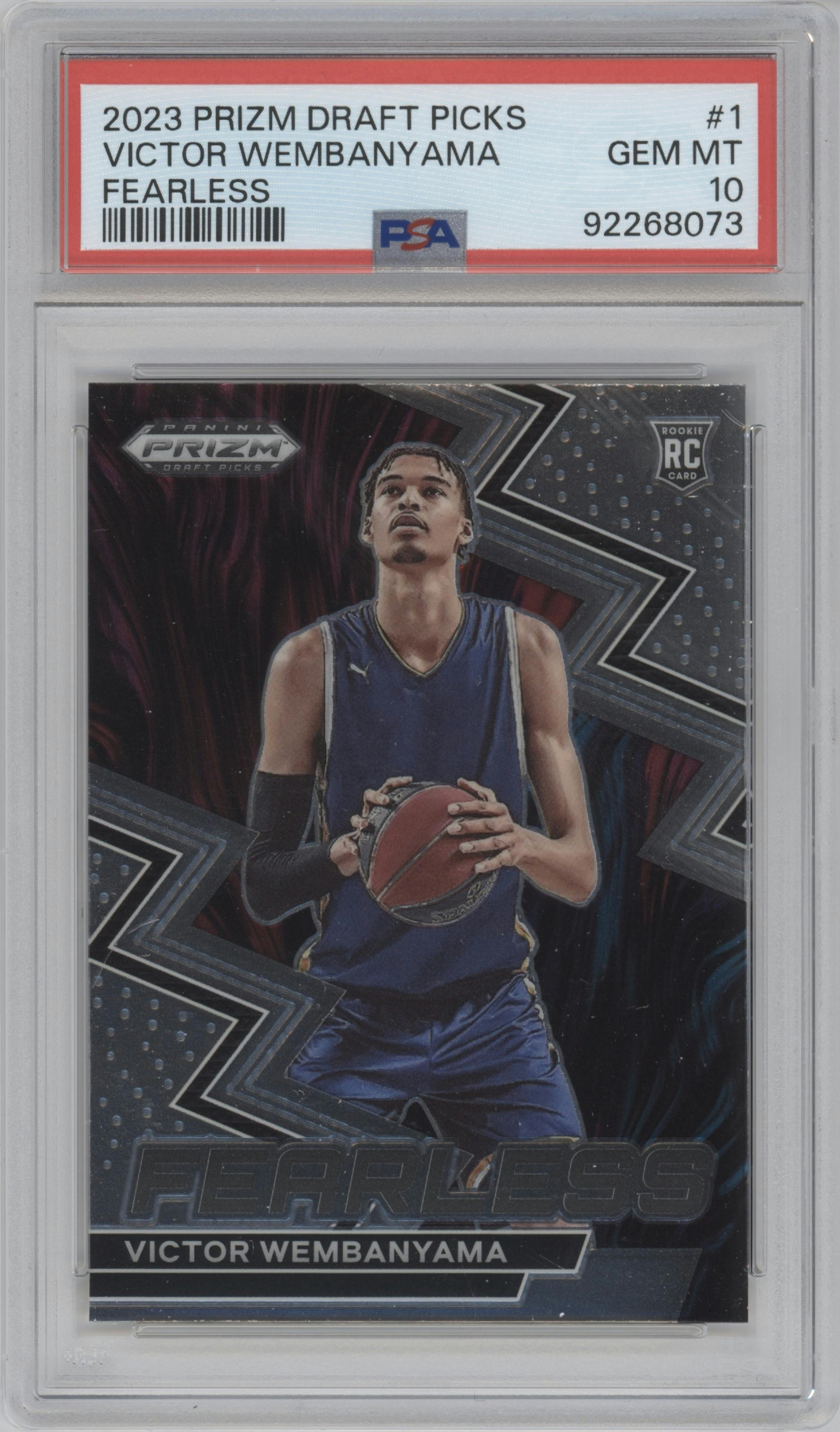 Victor Wembanyama from the 2023-24 Panini Prizm Draft Picks set graded by PSA and given an overall grade of 10.