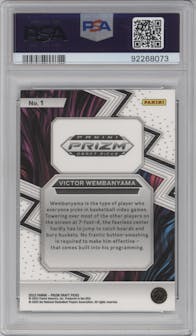 Victor Wembanyama from the 2023-24 Panini Prizm Draft Picks set graded by PSA and given an overall grade of 10.