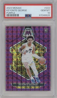 Keyonte George from the 2023-24 Panini Mosaic set featuring a Purple Mosaic parallel graded by PSA and given an overall grade of 10.