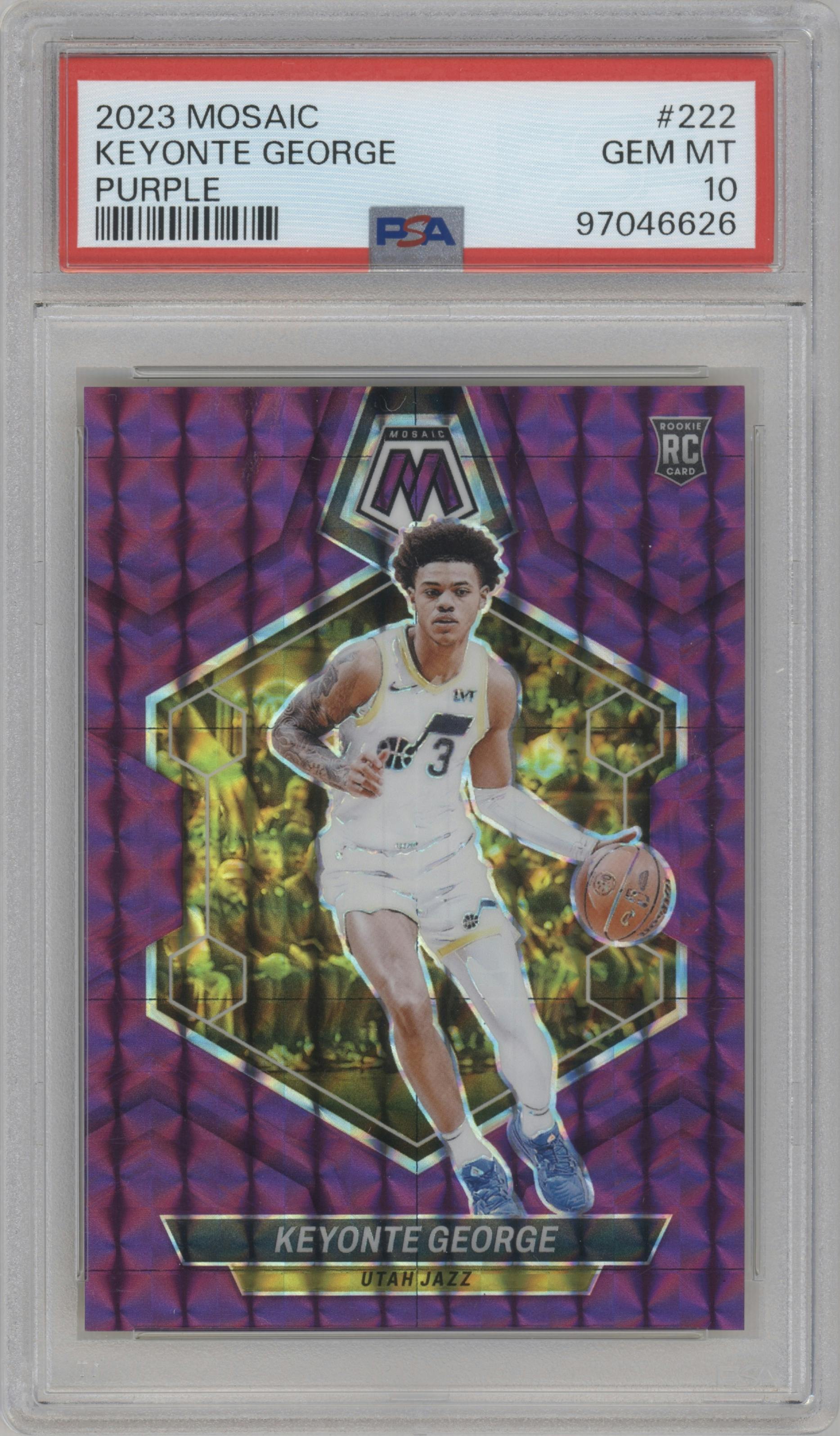 Keyonte George from the 2023-24 Panini Mosaic set featuring a Purple Mosaic parallel graded by PSA and given an overall grade of 10.