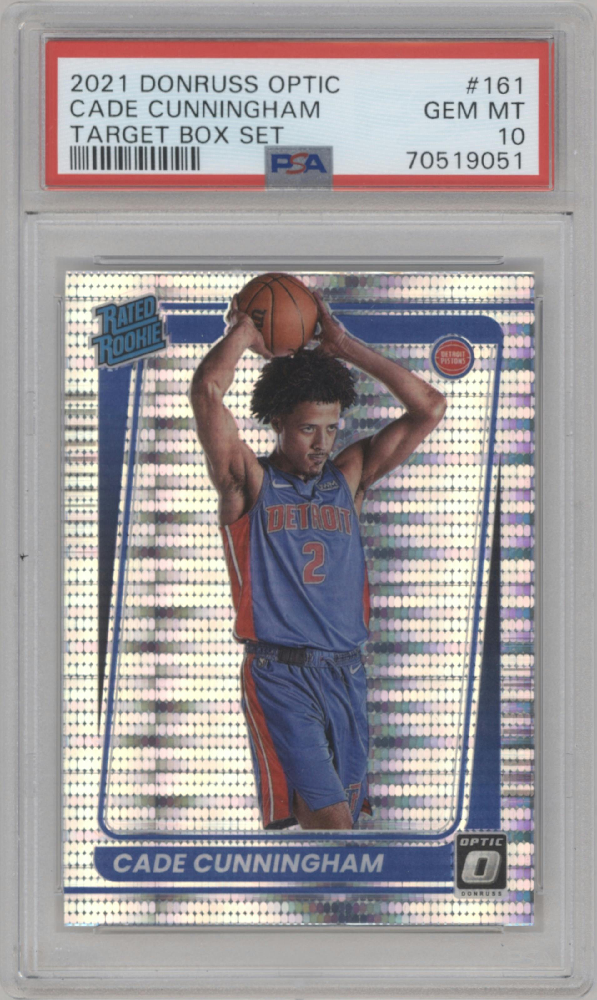 Cade Cunningham from the 2021-22 Panini Donruss Optic set featuring a Target Box Set parallel graded by PSA and given an overall grade of 10.