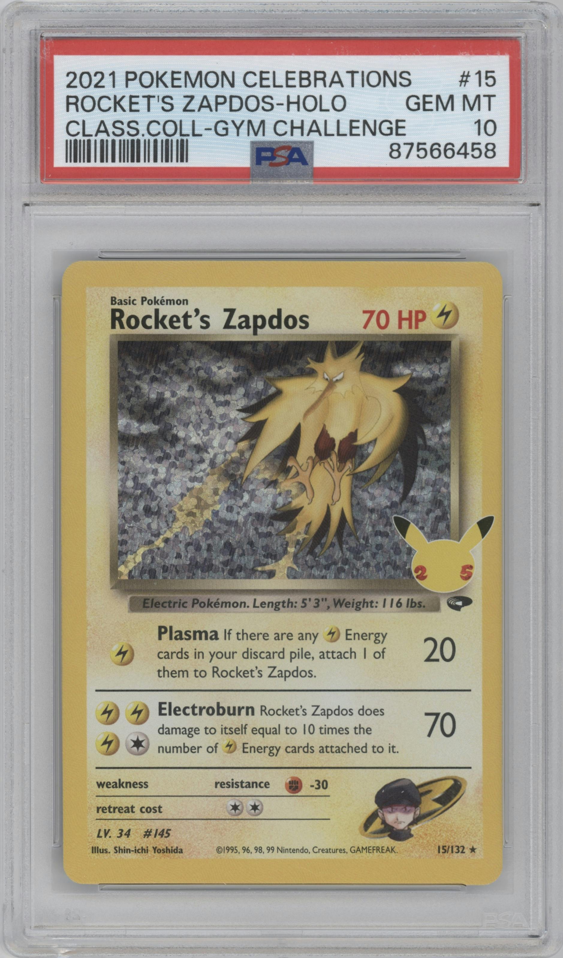 Rocket's Zapdos from the 2021 Pokemon SWSH set featuring a Gym Challenge parallel graded by PSA and given an overall grade of 10.