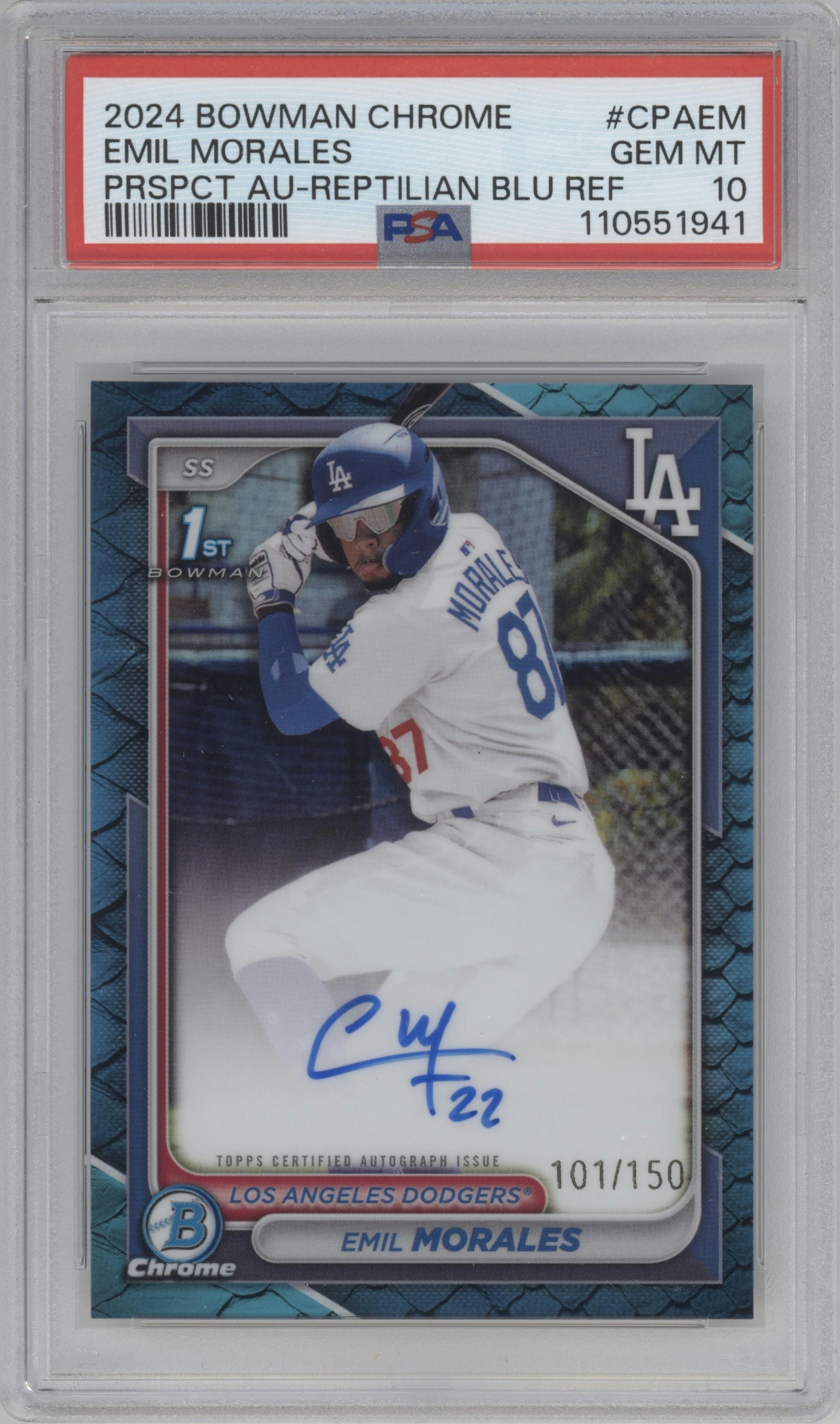 Emil Morales from the 2024 Bowman Chrome set featuring a Reptilian Blue Refractor parallel graded by PSA and given an overall grade of 10.