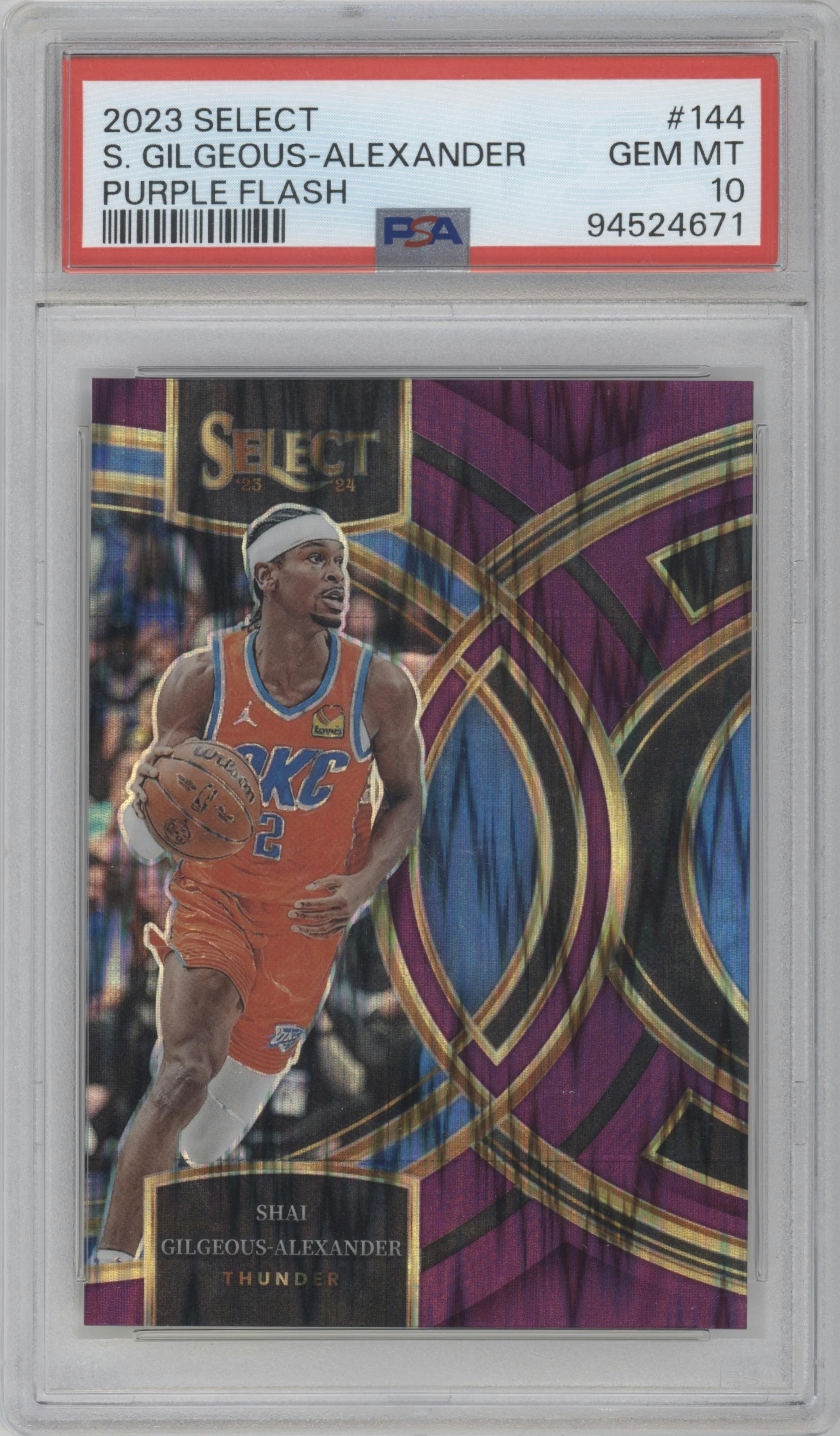 Shai Gilgeous-Alexander from the 2023-24 Panini Select  set featuring a Purple Flash Prizms parallel graded by PSA and given an overall grade of 10.