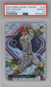 Matt McLain from the 2023 Topps Cosmic Chrome set featuring a Nucleus Refractor parallel graded by PSA and given an overall grade of 10.