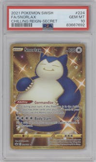 Snorlax from the 2021 Pokemon SWSH set graded by PSA and given an overall grade of 10.
