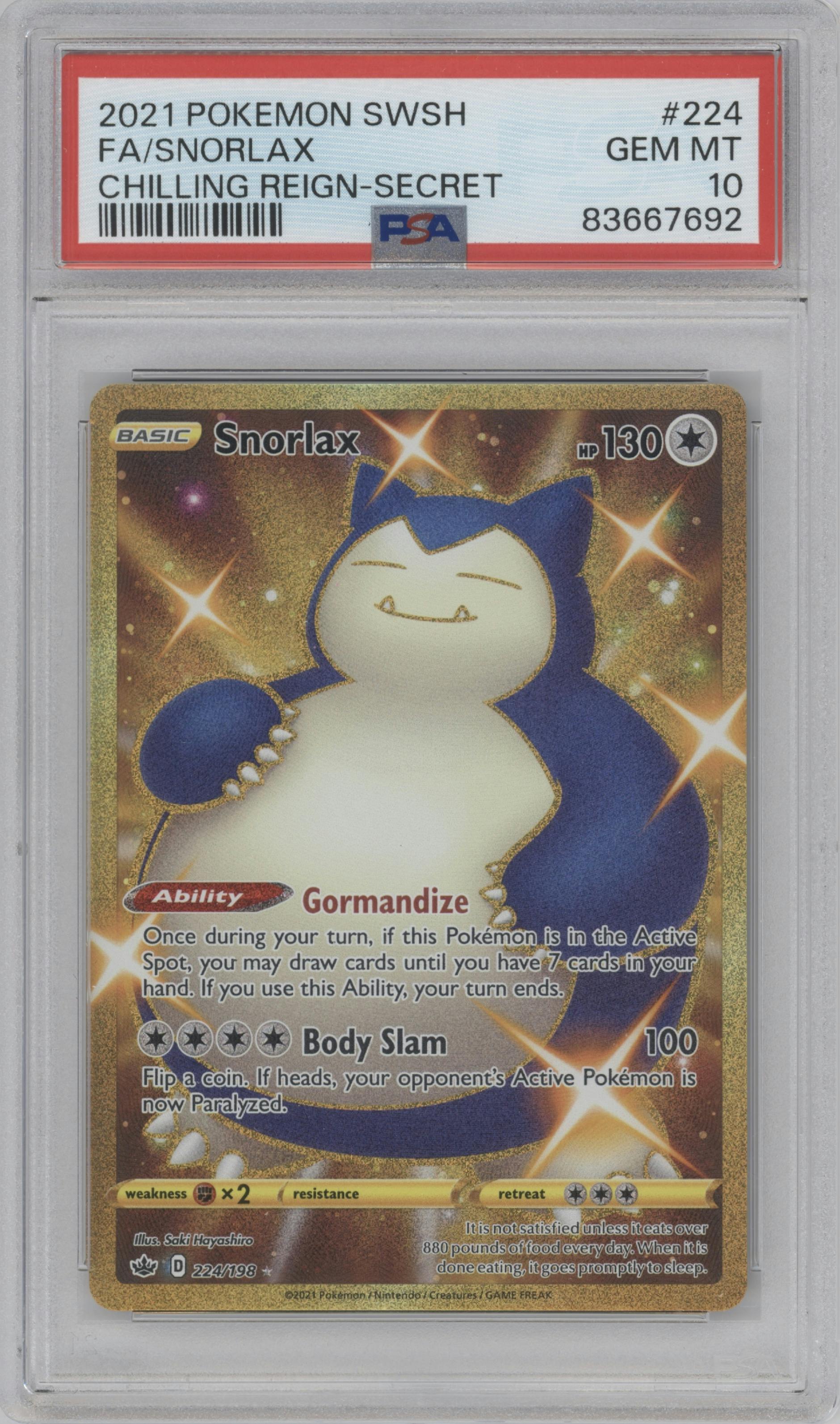 Snorlax from the 2021 Pokemon SWSH set graded by PSA and given an overall grade of 10.