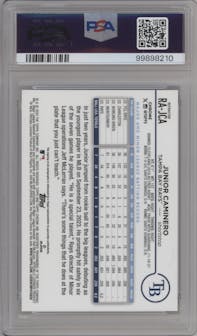 Junior Caminero from the 2024 Topps Chrome set featuring a Refractor parallel graded by PSA and given an overall grade of 9.
