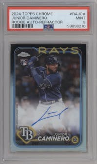 Junior Caminero from the 2024 Topps Chrome set featuring a Refractor parallel graded by PSA and given an overall grade of 9.