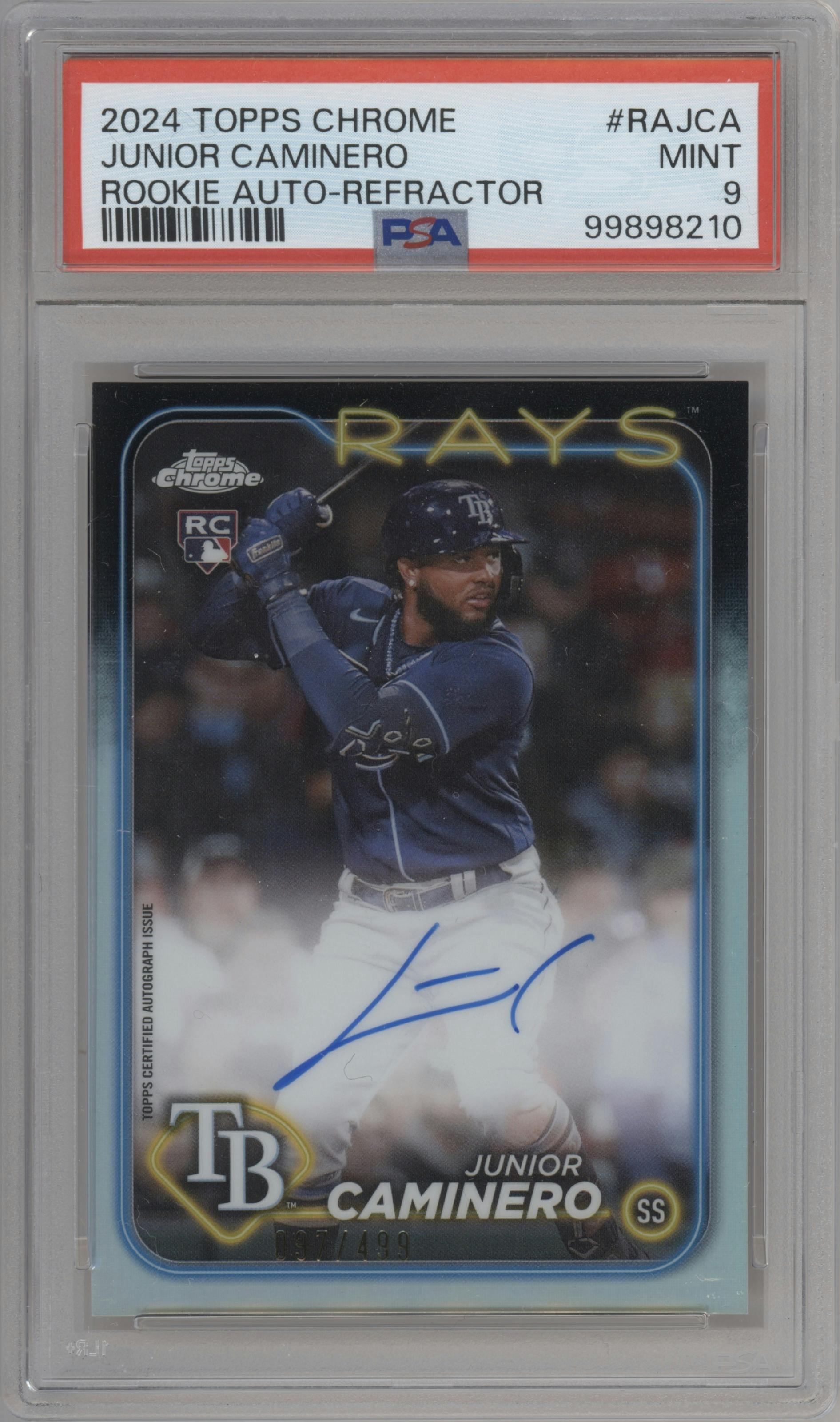 Junior Caminero from the 2024 Topps Chrome set featuring a Refractor parallel graded by PSA and given an overall grade of 9.