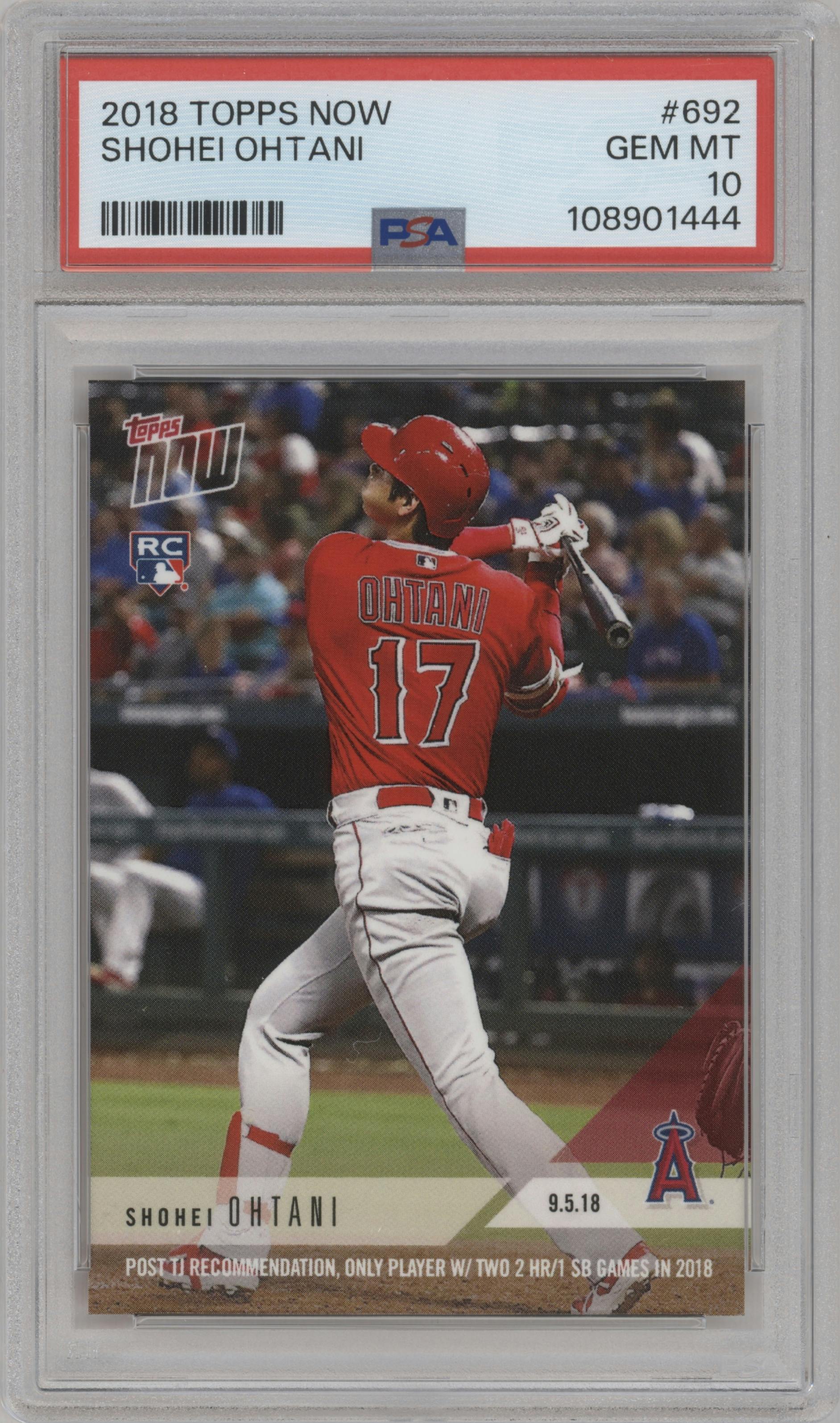 Shohei Ohtani from the 2018 Topps Now set graded by PSA and given an overall grade of 10.