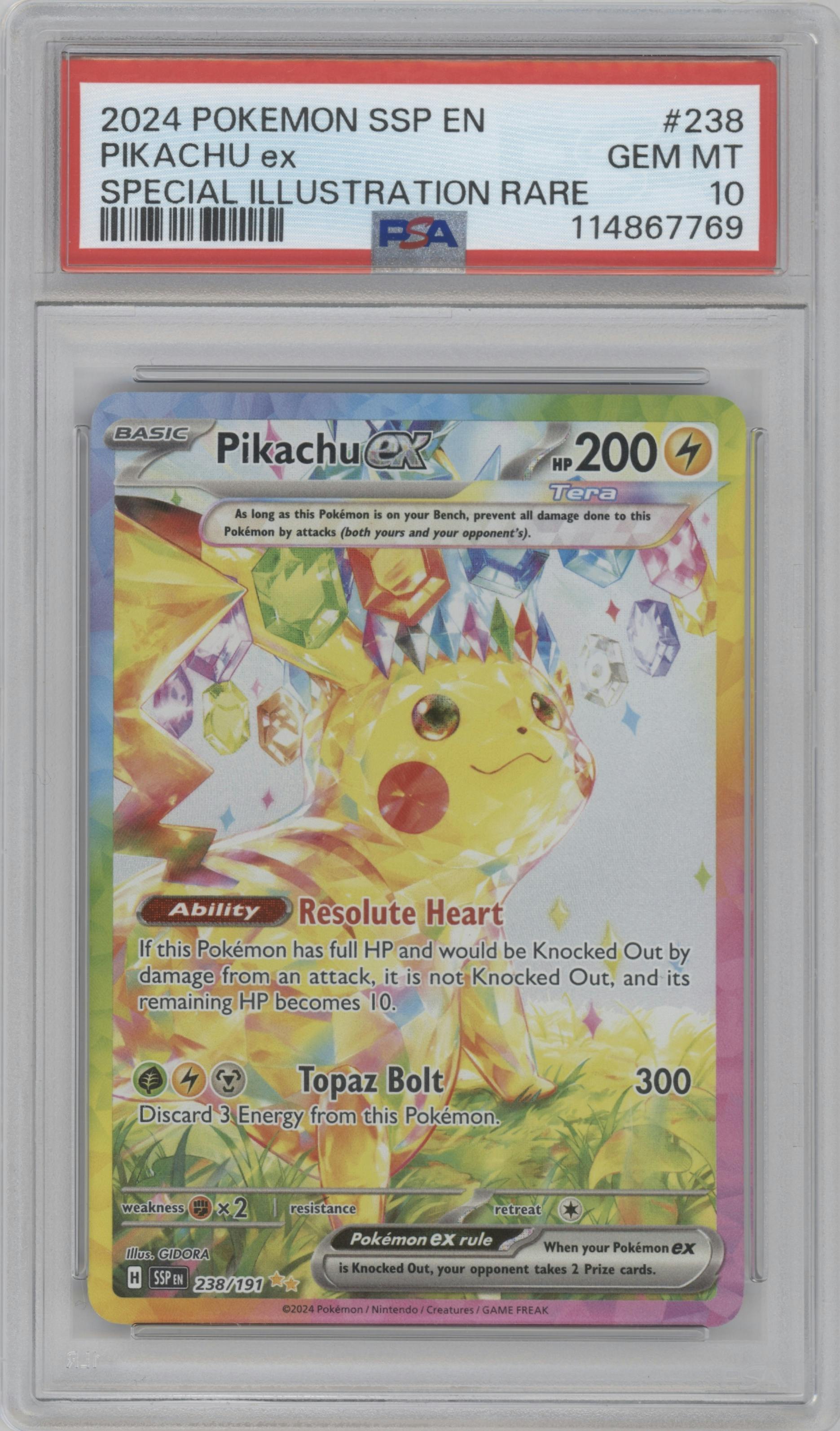 Pikachu ex from the 2024 Pokemon SV set graded by PSA and given an overall grade of 10.