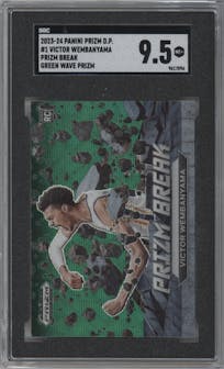 Victor Wembanyama from the 2023-24 Panini Prizm Draft Picks set featuring a Green Wave parallel graded by SGC and given an overall grade of 9.5.