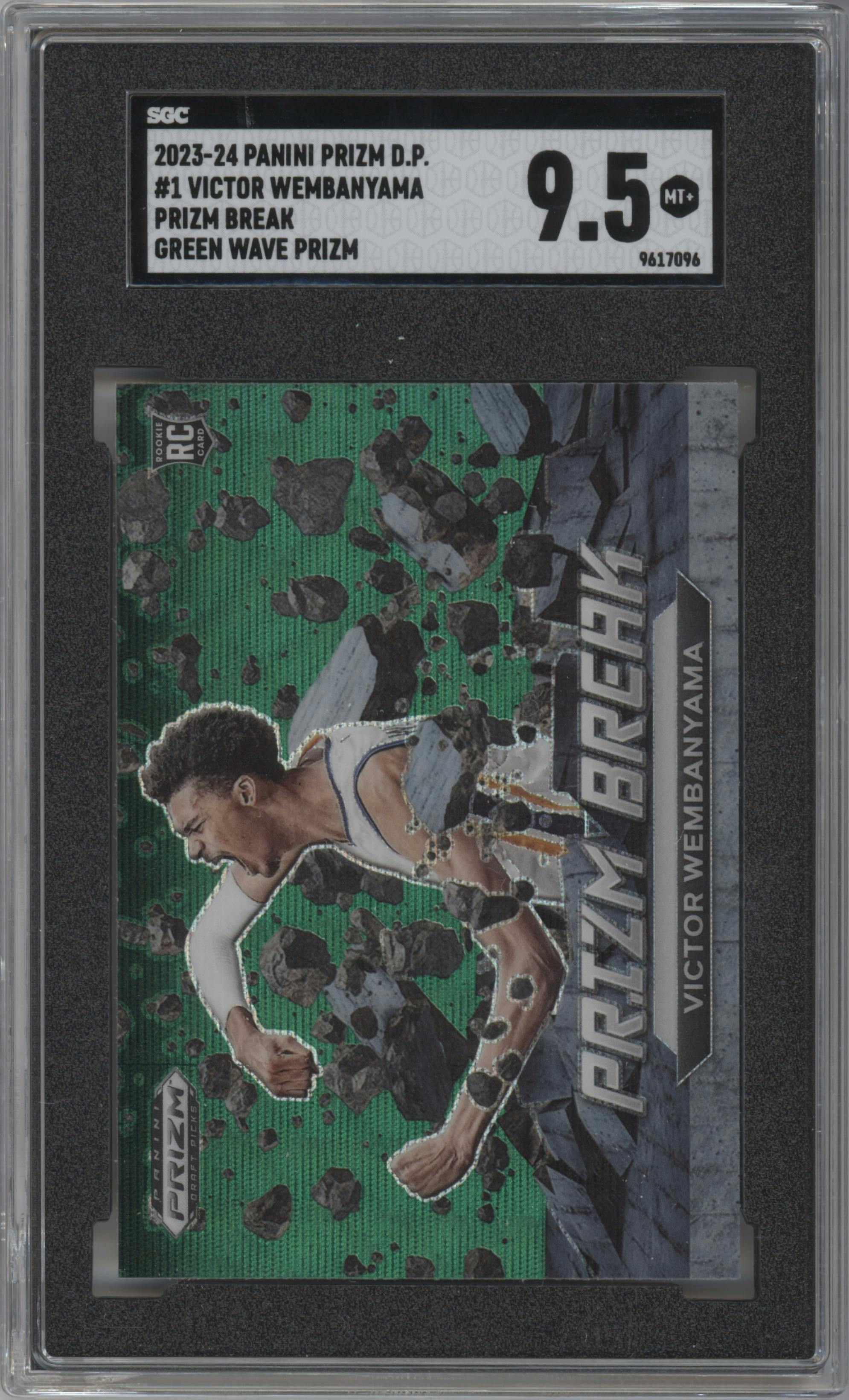 Victor Wembanyama from the 2023-24 Panini Prizm Draft Picks set featuring a Green Wave parallel graded by SGC and given an overall grade of 9.5.