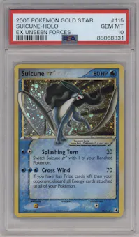Suicune Gold Star from the 2005 Pokemon EX set graded by PSA and given an overall grade of 10.